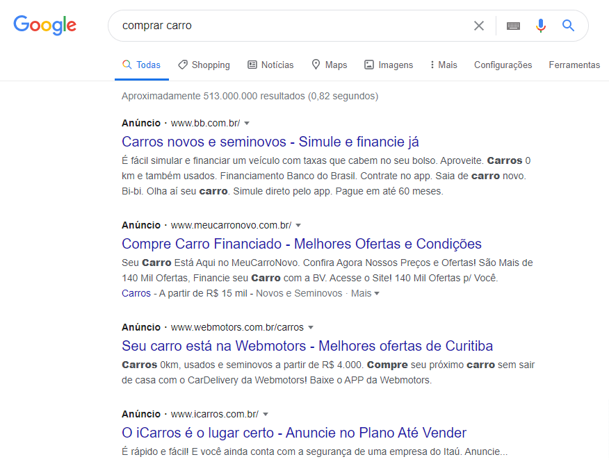 Pesquisa Google comprar carro - o que é seo blog